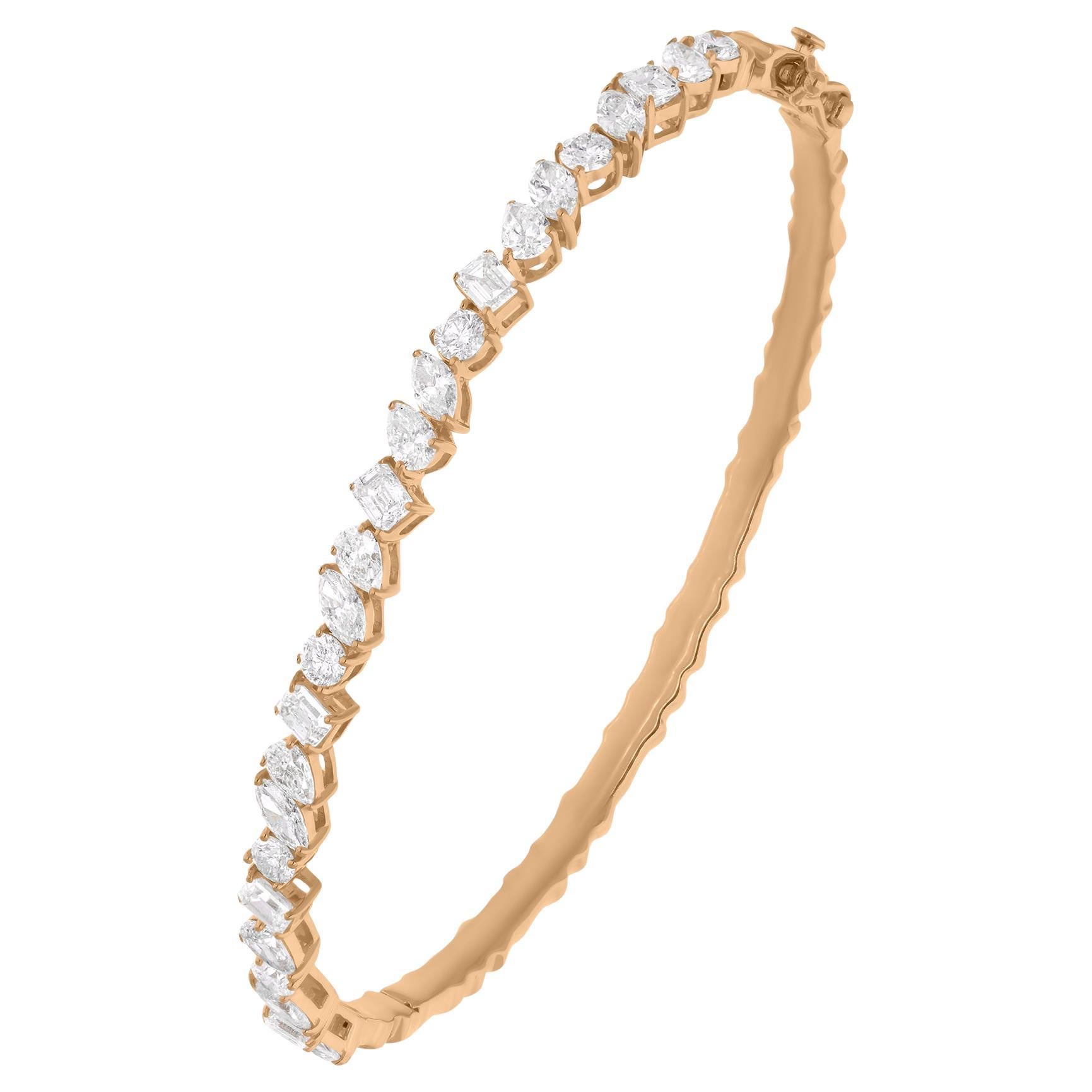 Bracelet jonc fin en or jaune 18 carats avec diamants naturels de 2,85 carats de formes multiples
