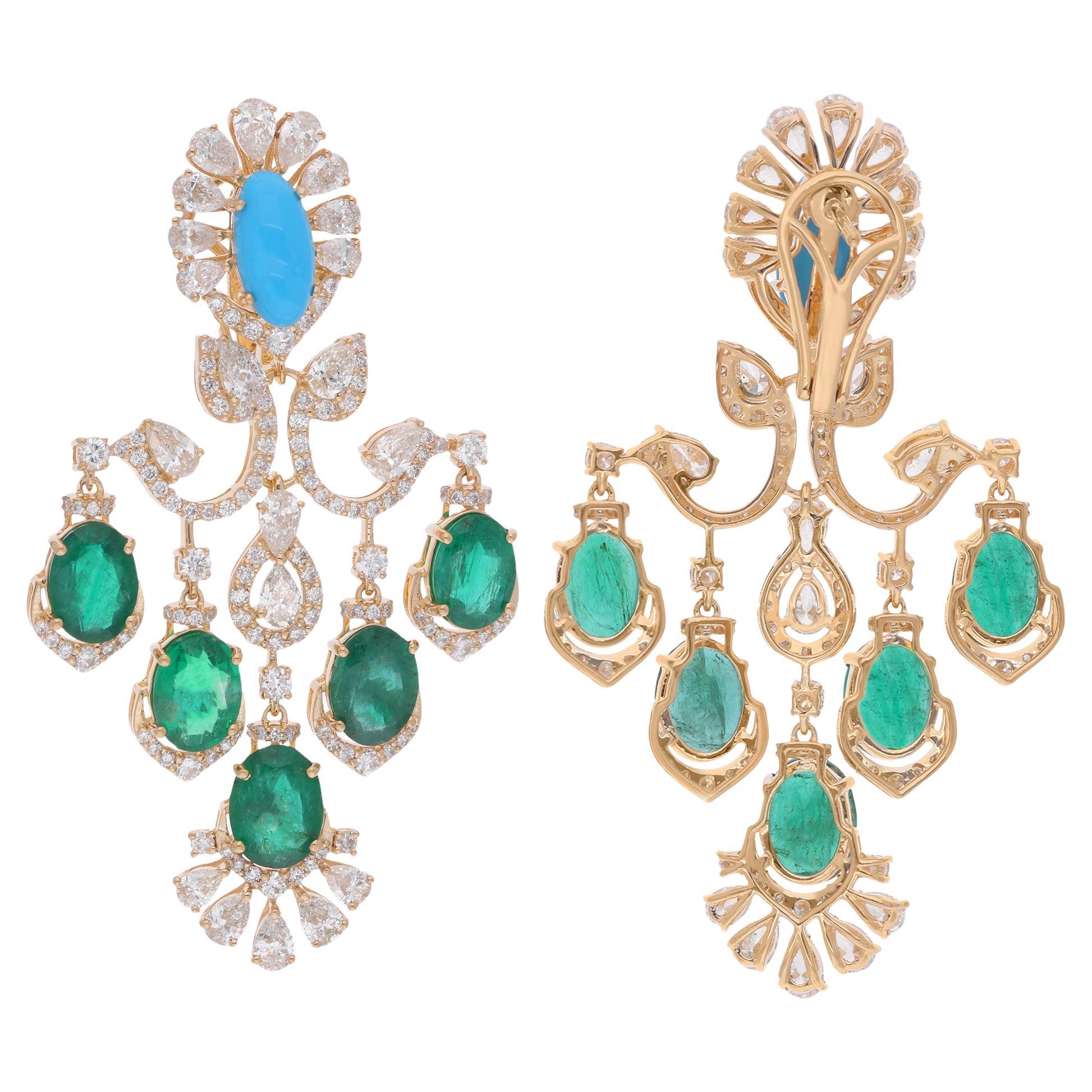 Boucles d'oreilles lustre en or jaune 18 carats avec émeraudes de Zambie réelles, diamants et turquoises