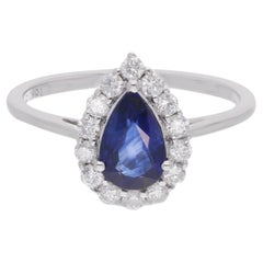 Pear Blue Sapphire Gemstone Ring Diamond 14 Karat White Gold Handmade Jewelry