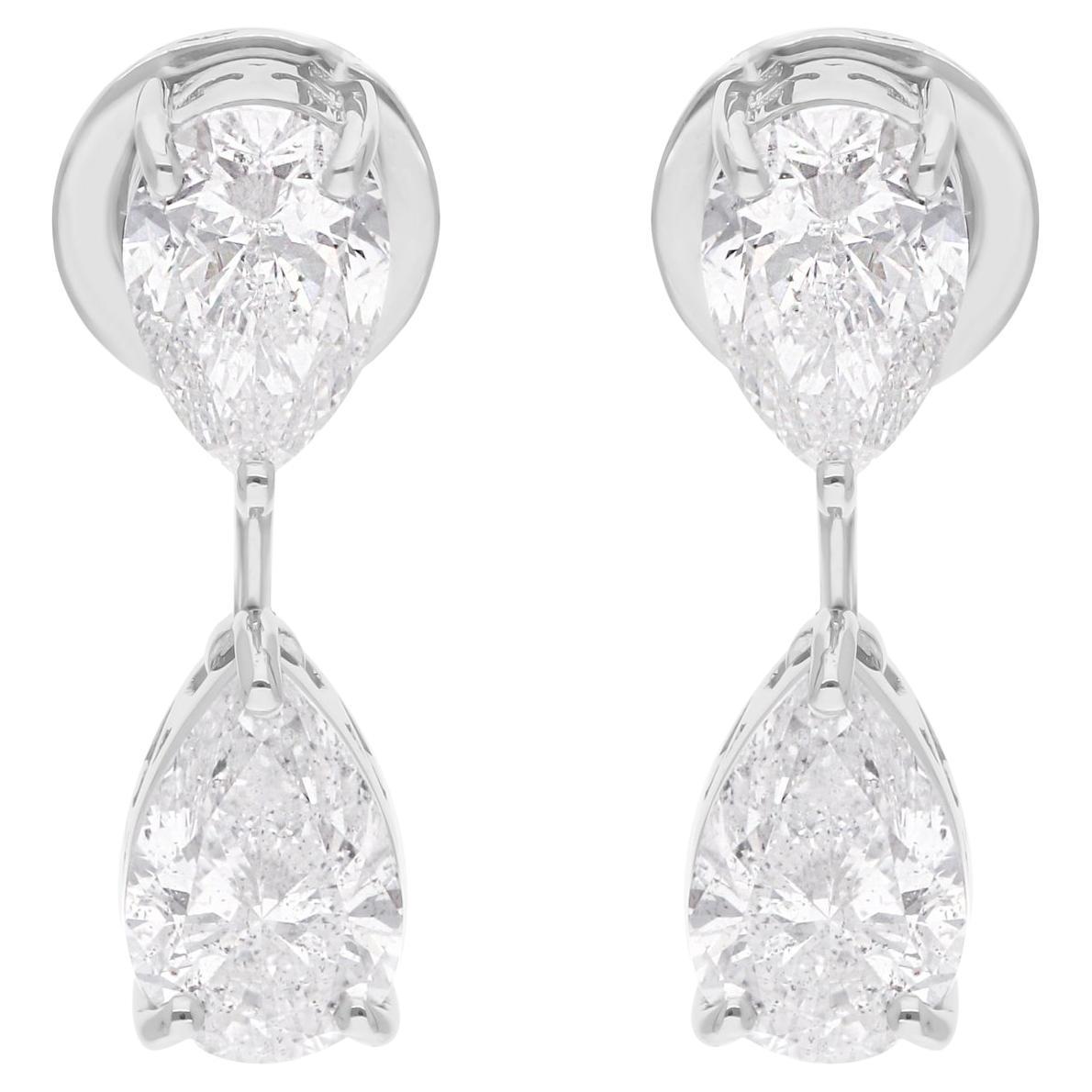 Natural 3 Carat Pear Diamond Earrings 18 Karat White Gold Handmade Fine Jewelry