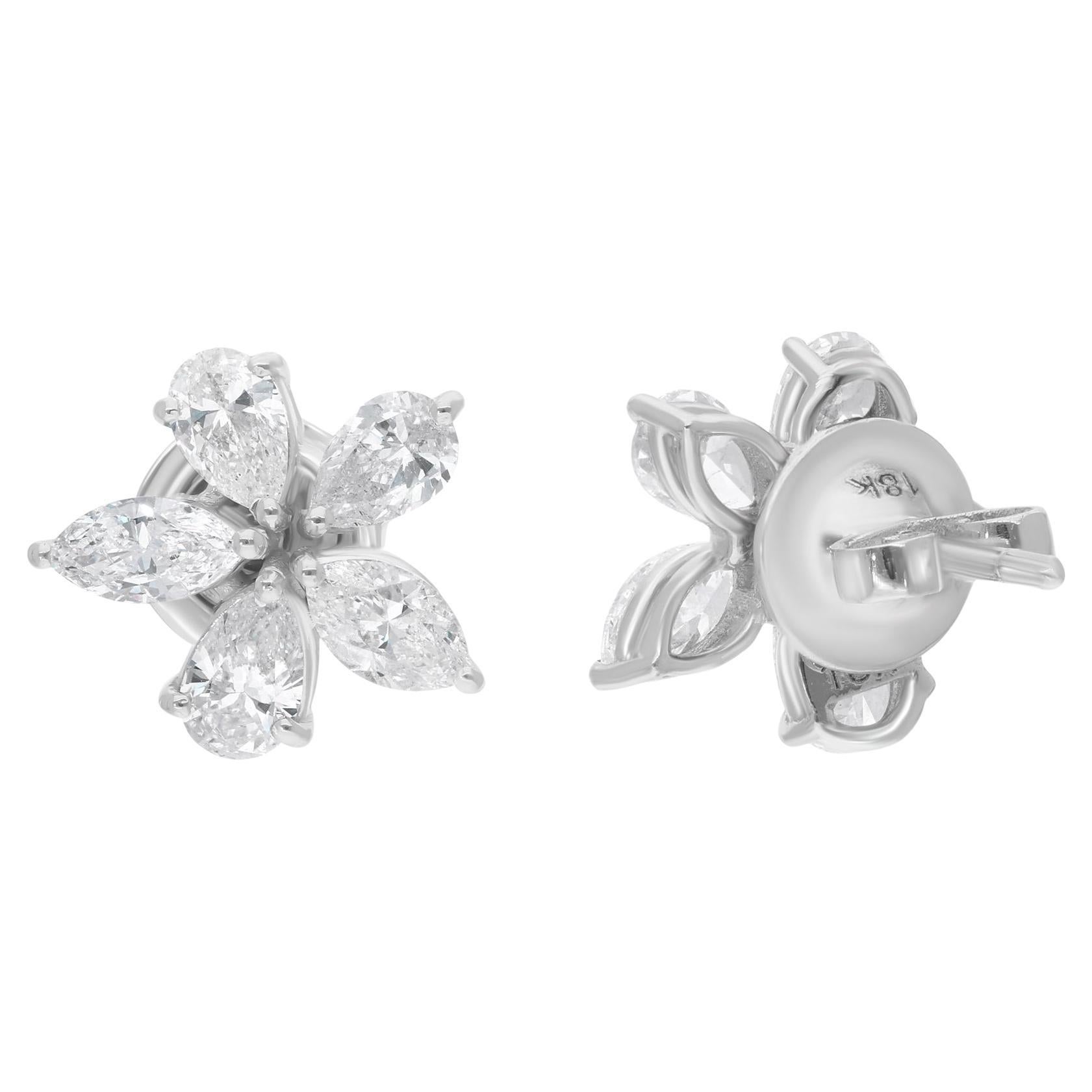 Orecchini con perno floreale di 2,11 carati con diamante Marquise e Pear in oro bianco 18 carati