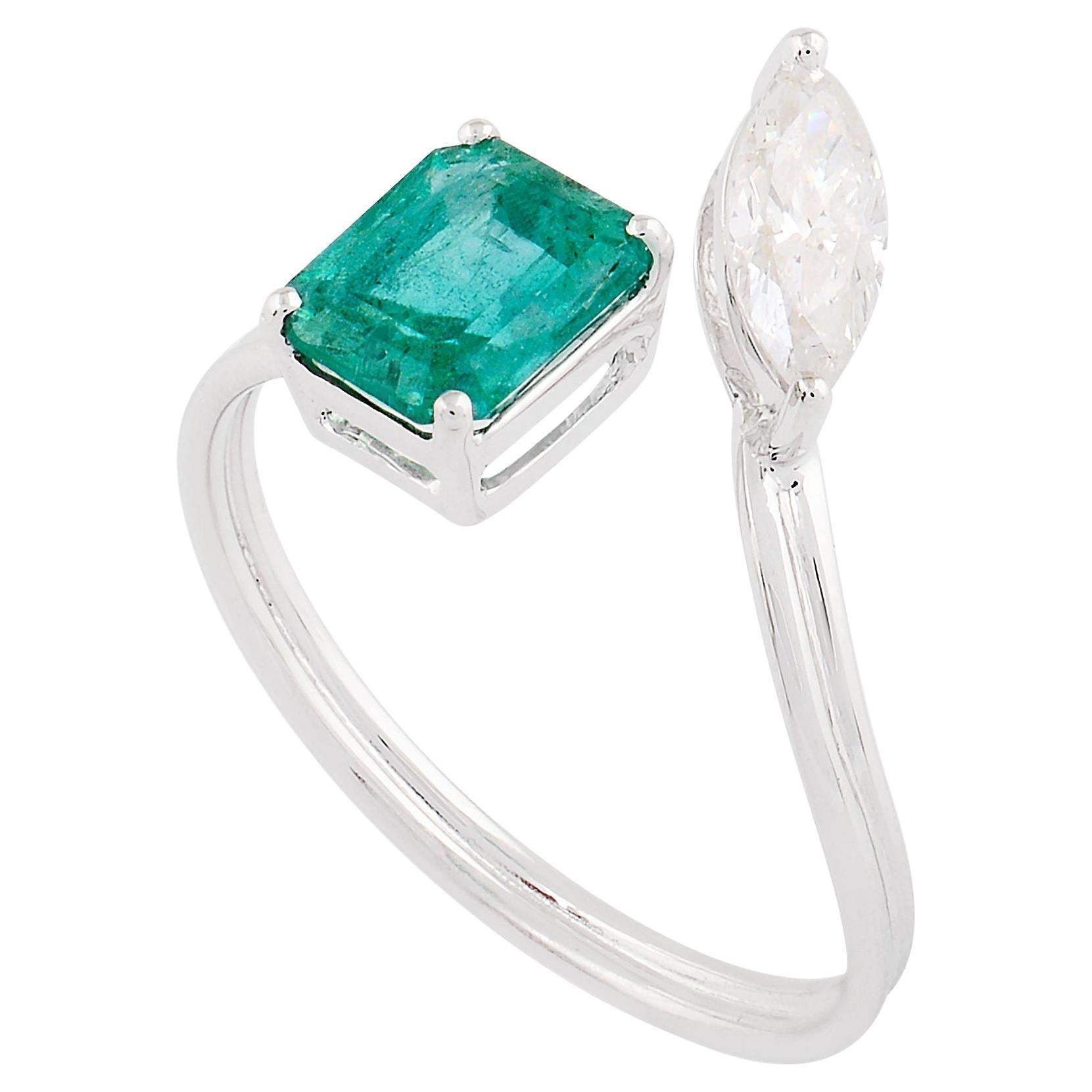 Smaragd-Edelstein-Manschettenring mit Marquise-Diamant 18k Weißgold feiner Schmuck im Angebot