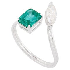 Smaragd-Edelstein-Manschettenring mit Marquise-Diamant 18k Weißgold feiner Schmuck