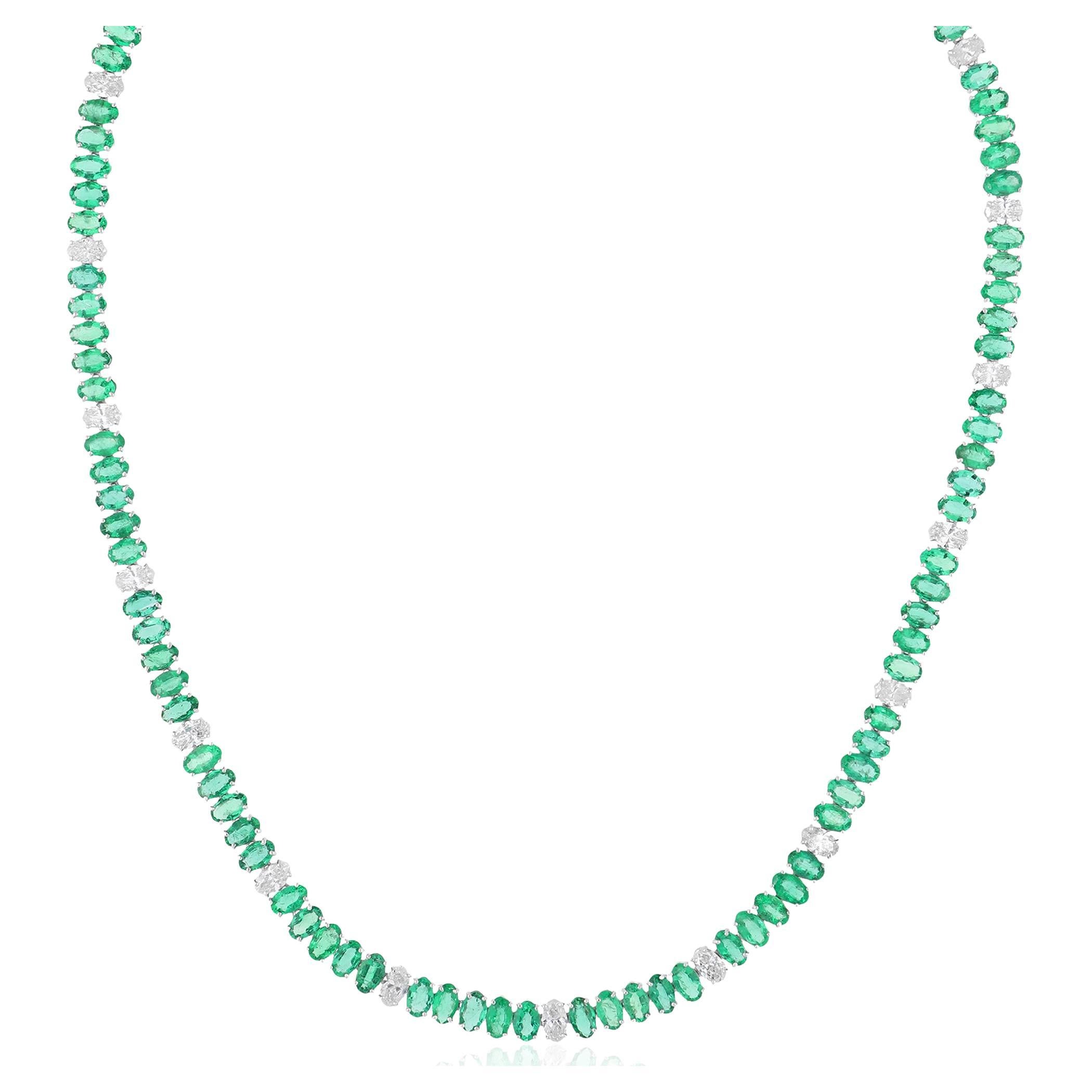 Oval Zambian Emerald Gemstone Necklace Diamond 10 Karat White Gold Fine Jewelry