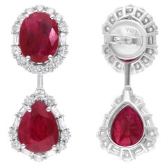 Ruby Gemstone Dangle Earrings Diamond 18 Karat White Gold Handmade Fine Jewelry