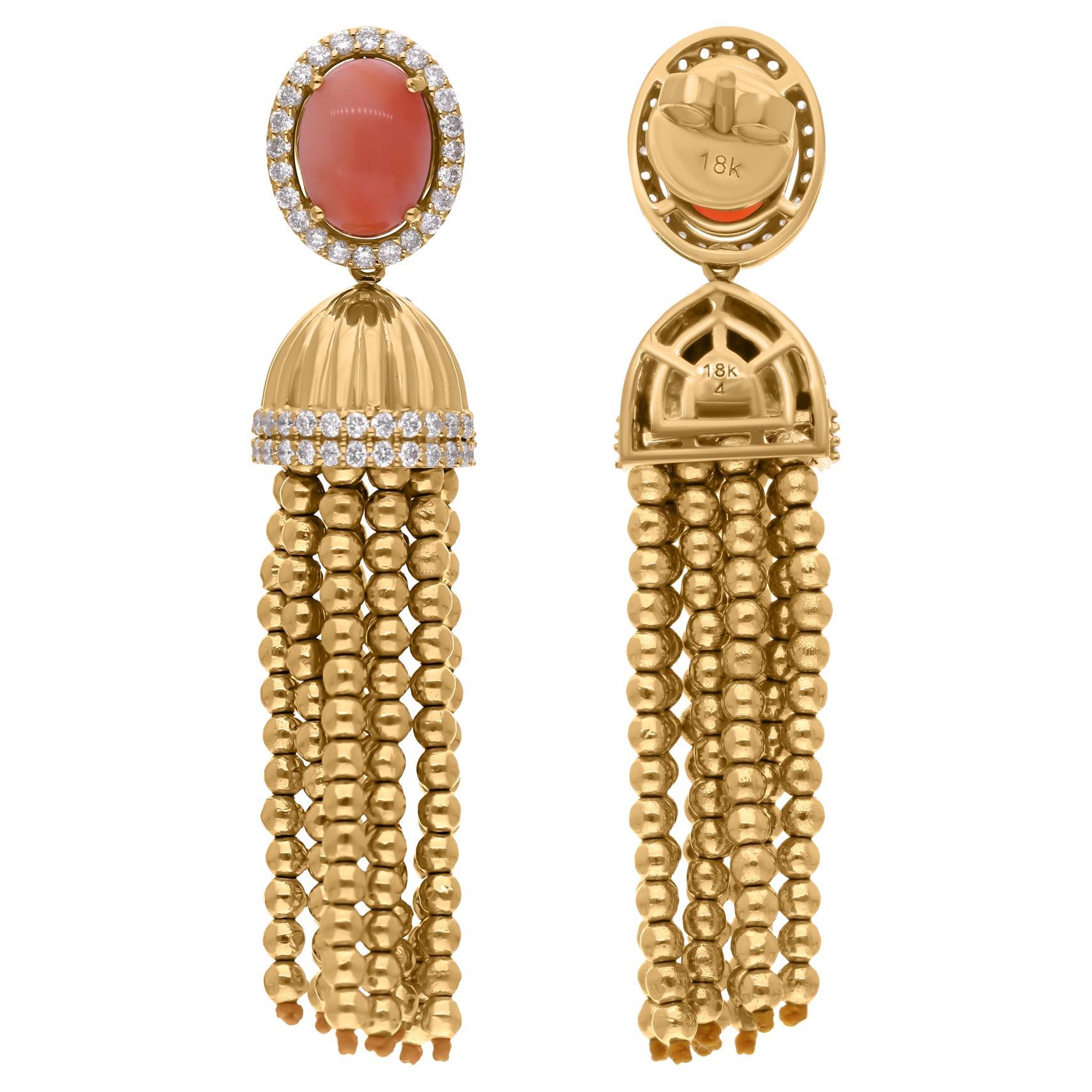 Orecchini pendenti con gemma di corallo Diamante Oro giallo 18 carati Nappina Gioielli di pregio