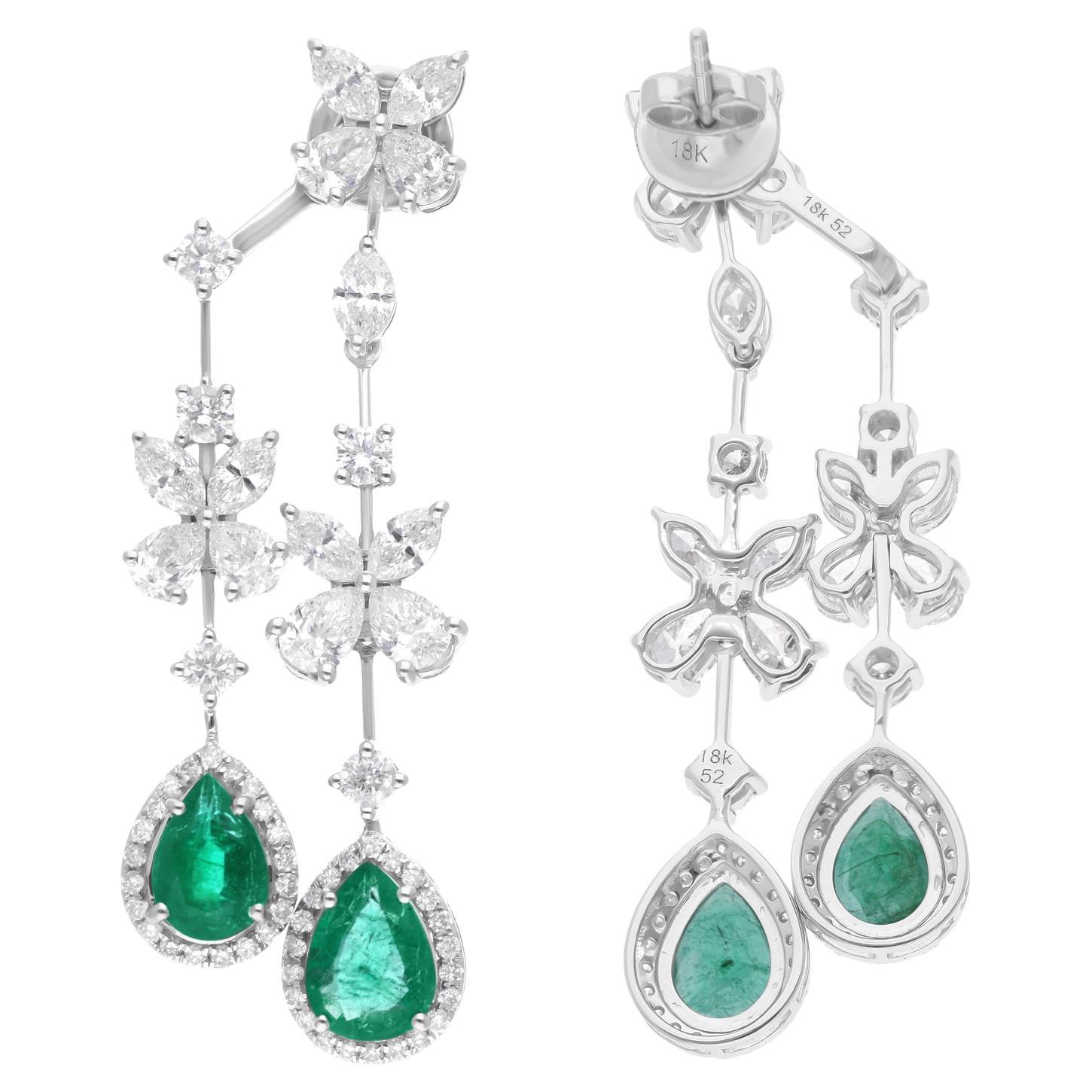 Zambian Emerald Jacket Earrings SI Clarity HI Color Diamond 18 Karat White Gold