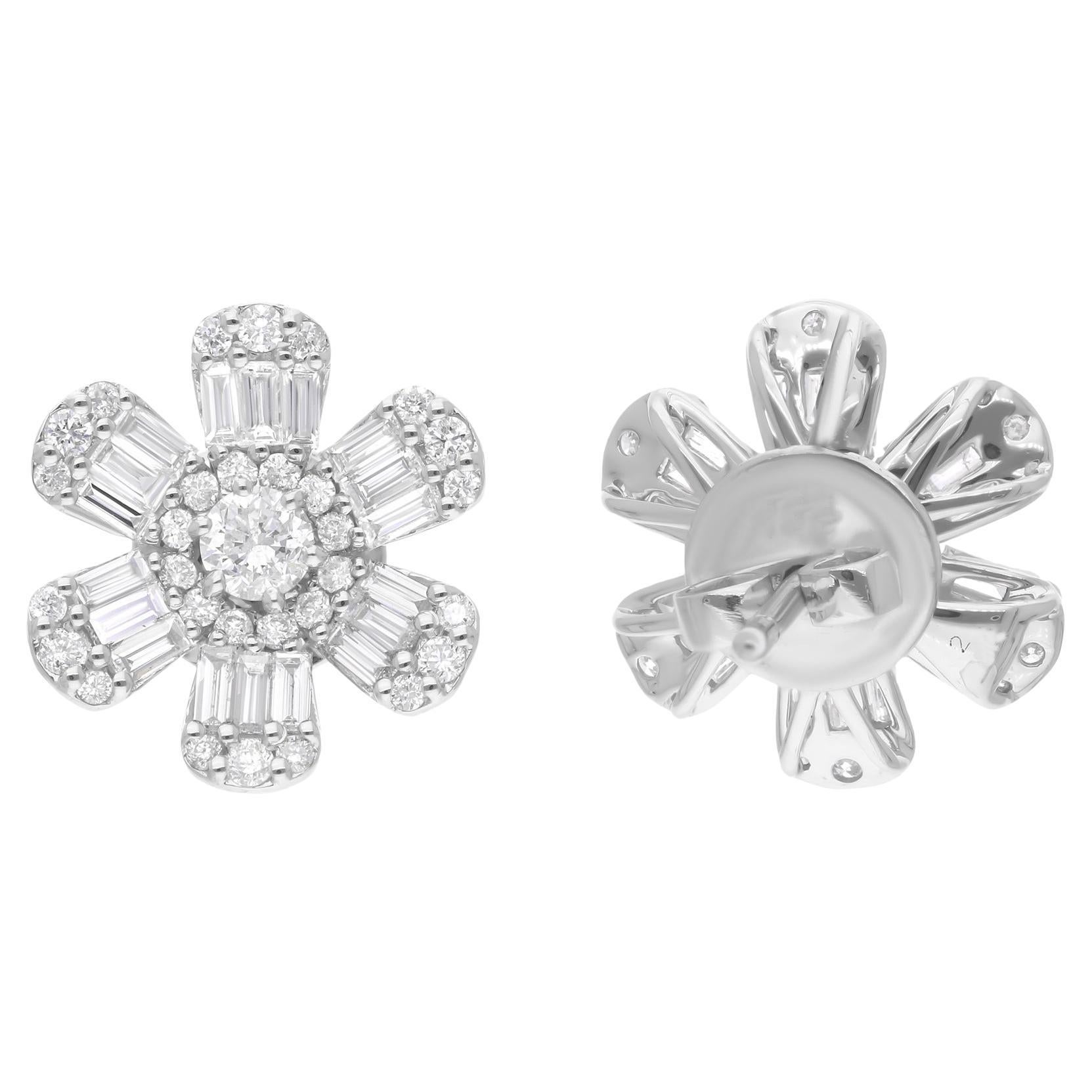 Orecchini floreali con diamanti baguette naturali da 1,46 carati SI/H in oro bianco 14 carati