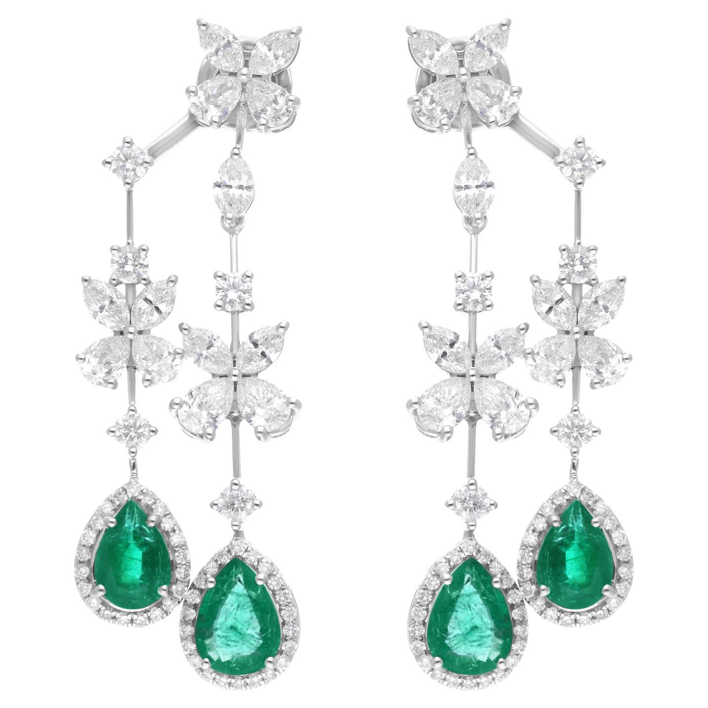Zambian Emerald Jacket Earrings SI Clarity HI Color Diamond 14 Karat White Gold