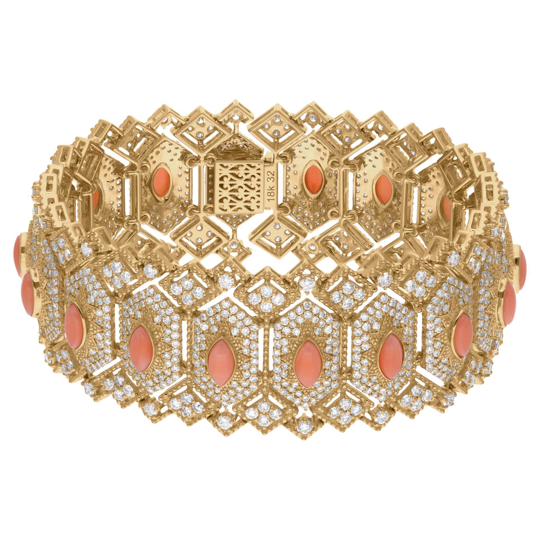 Coral Natural Piedra Preciosa Pulsera SI Claridad HI Color Diamante 18 Kilates Oro Amarillo