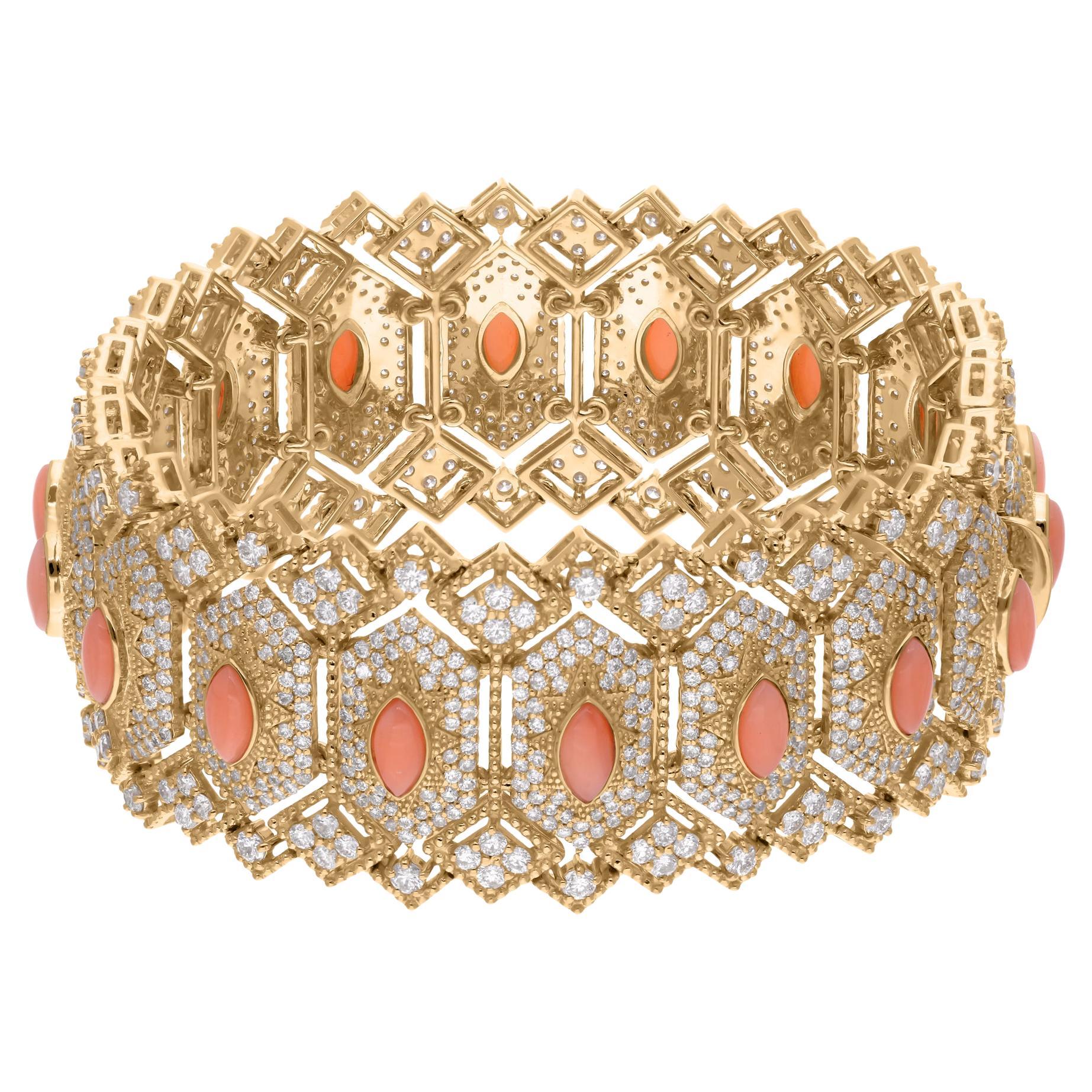 Coral Natural Piedra Preciosa Pulsera SI Claridad HI Color Diamante 14 Kilates Oro Amarillo