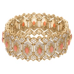 Bracelet de pierres précieuses corail naturel de pureté SI et diamants de couleur hi-colore en or jaune 14 carats