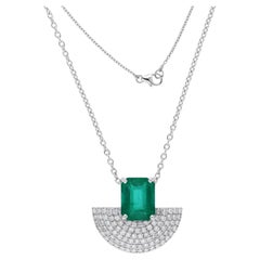 Real Zambian Emerald Hand Fan Charm Pendant Necklace Diamond 14 Karat White Gold