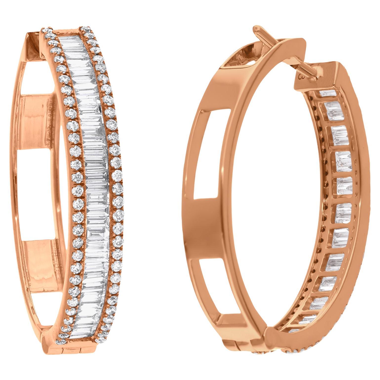 1,66 Carati SI Chiarezza HI Colore Baguette Diamante Fine Orecchini a cerchio in oro rosa 14k