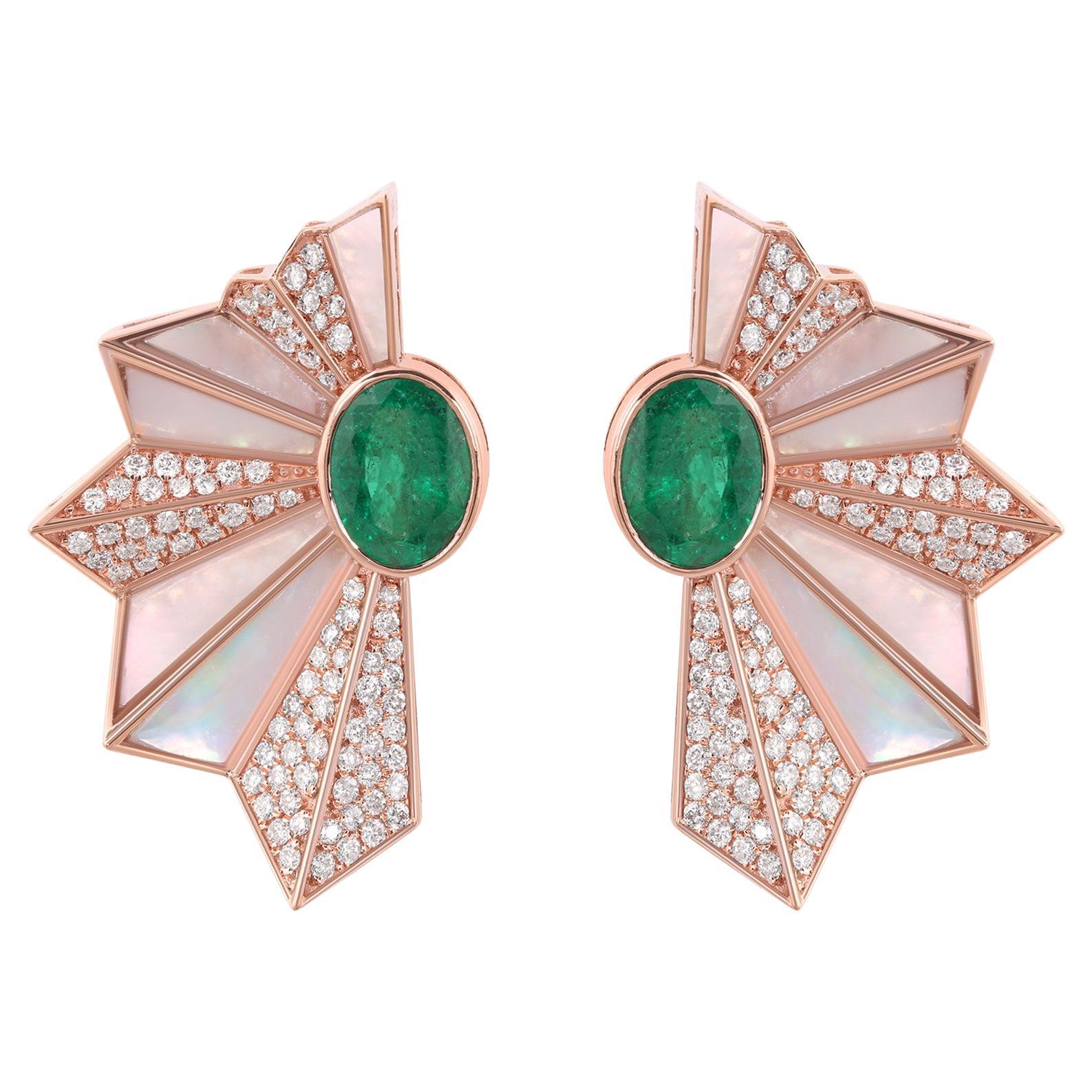 Orecchini a ventaglio a mano con smeraldo naturale dello Zambia, diamante, oro rosa 10 kt.