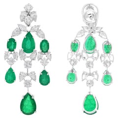 Zambianischer Smaragd-Edelstein-Kronleuchter-Ohrringe mit Diamanten aus 18 Karat Weißgold