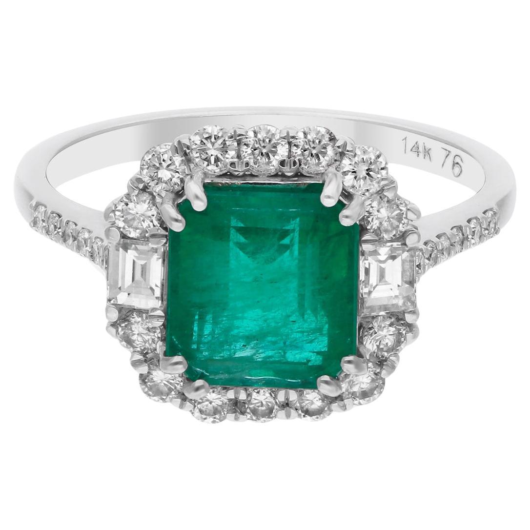 Spectrum Jewels Zambian Emerald Ring SI/H Diamond 14 Karat White Gold Jewelry