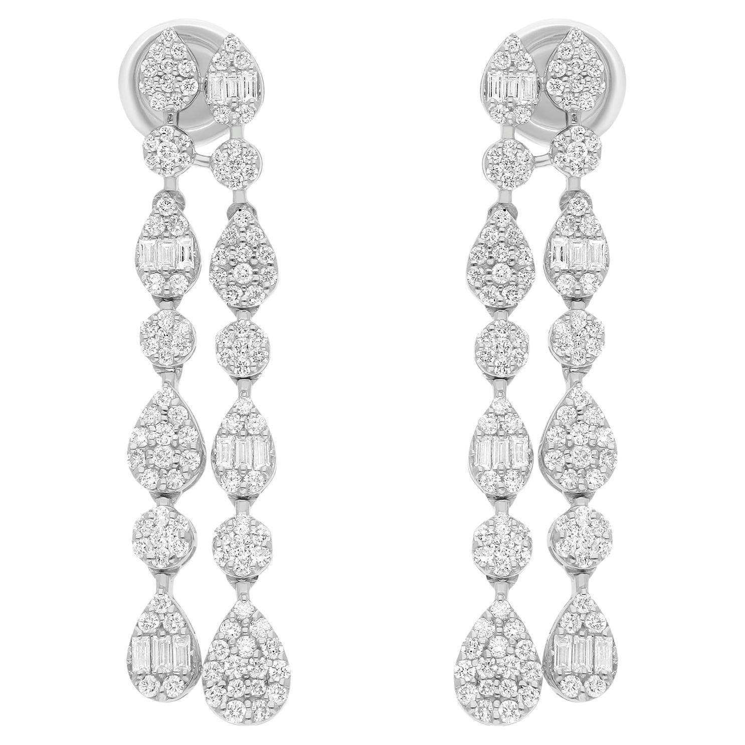 Orecchini pendenti in oro bianco 18 carati con diamante tondo taglio baguette da 1,45 carati SI/H