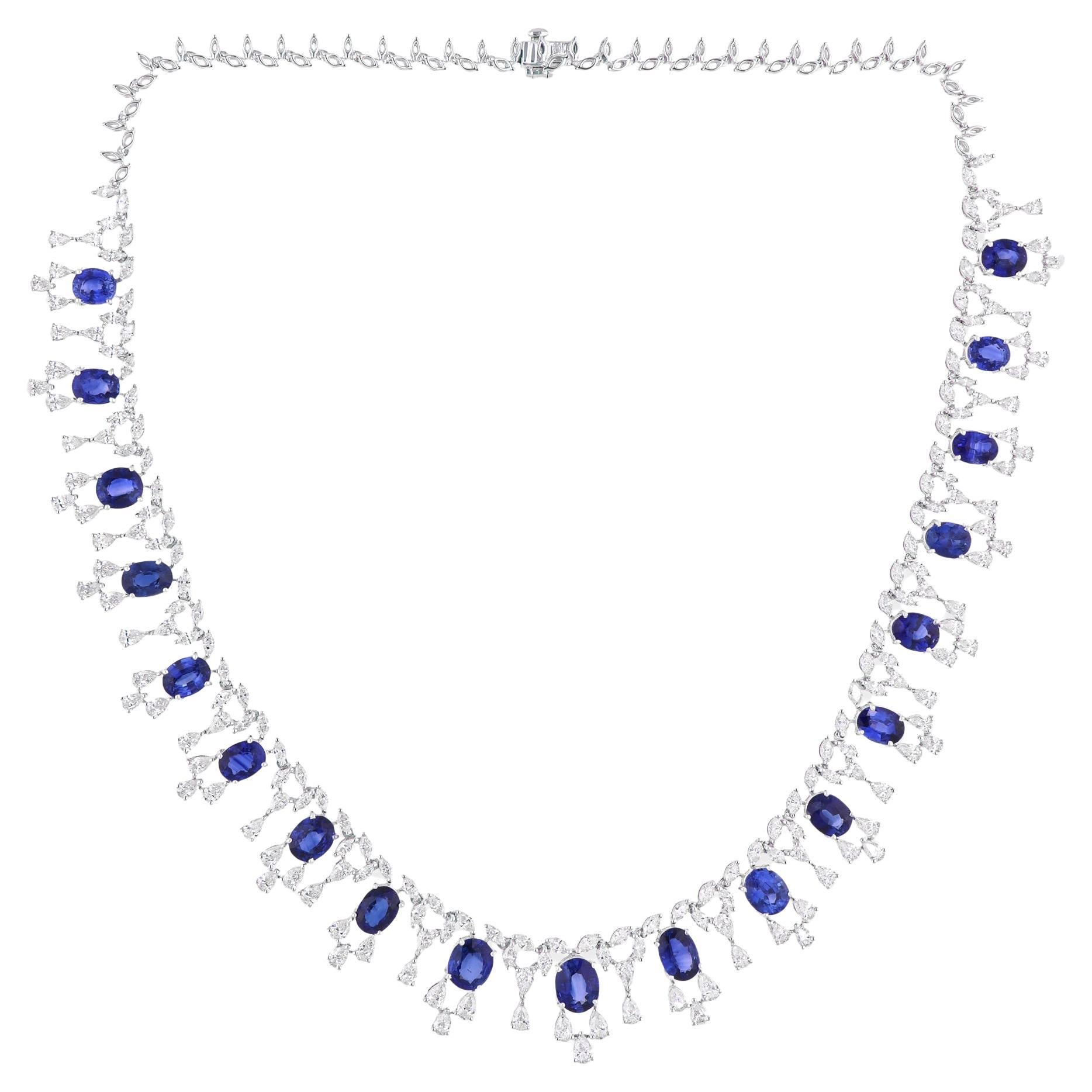 33 Tcw Zafiro Azul Gema SI/H Diamante 18 Kilates Oro Blanco Collar Joyas