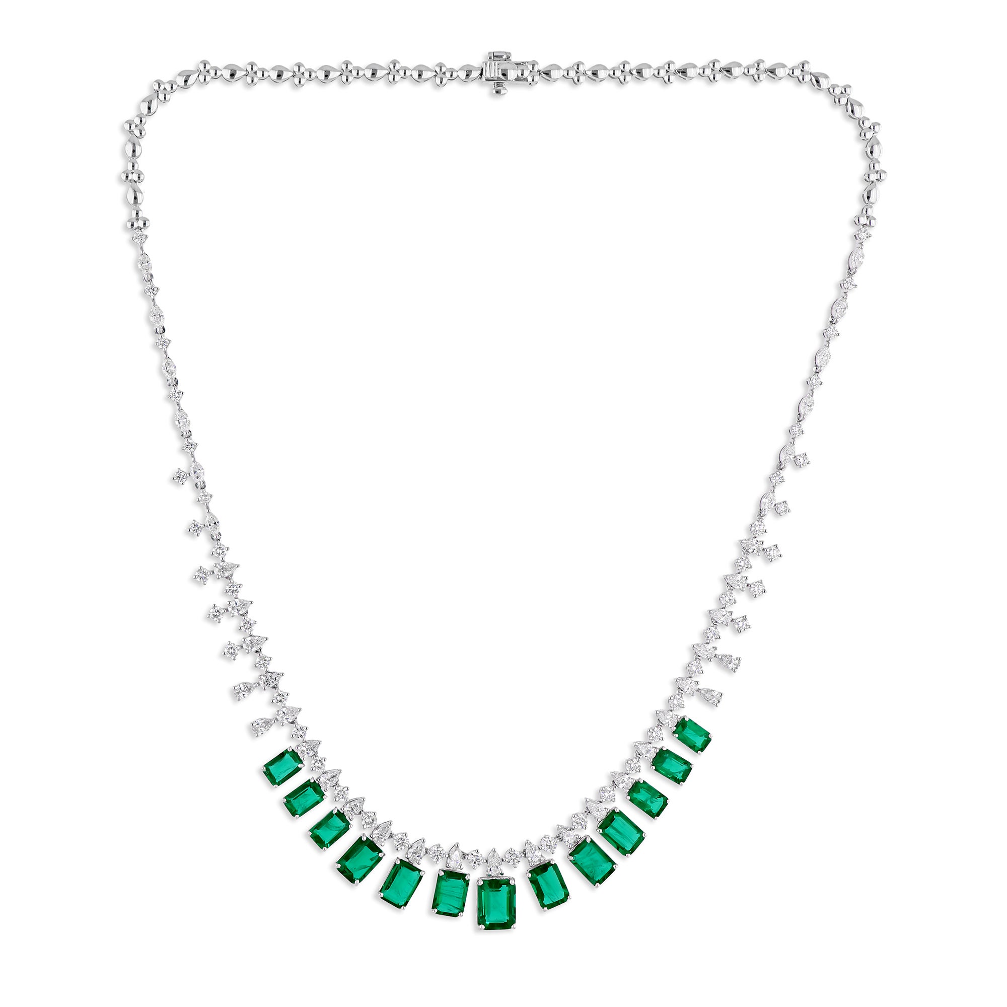 Natural Zambian Emerald Necklace SI/H Diamond 18 Karat White Gold Fine Jewelry