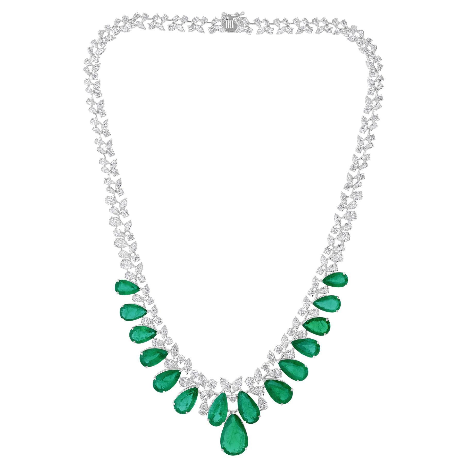 Pear Zambian Emerald Necklace SI/H Diamond 14 Karat White Gold Handmade Jewelry