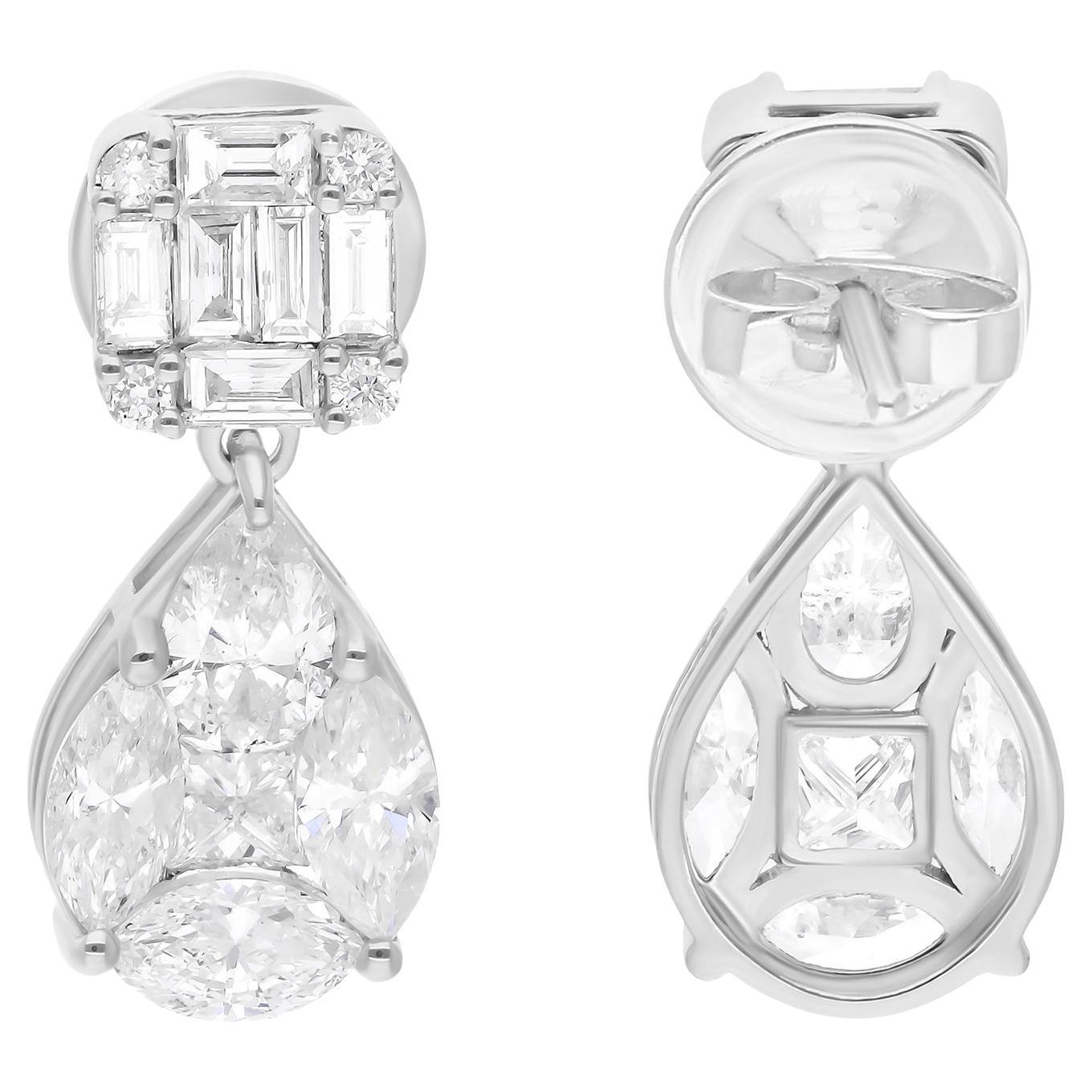 Pendientes finos de diamantes multiforma SI/H naturales de 2,37 quilates y 10 quilates de oro blanco
