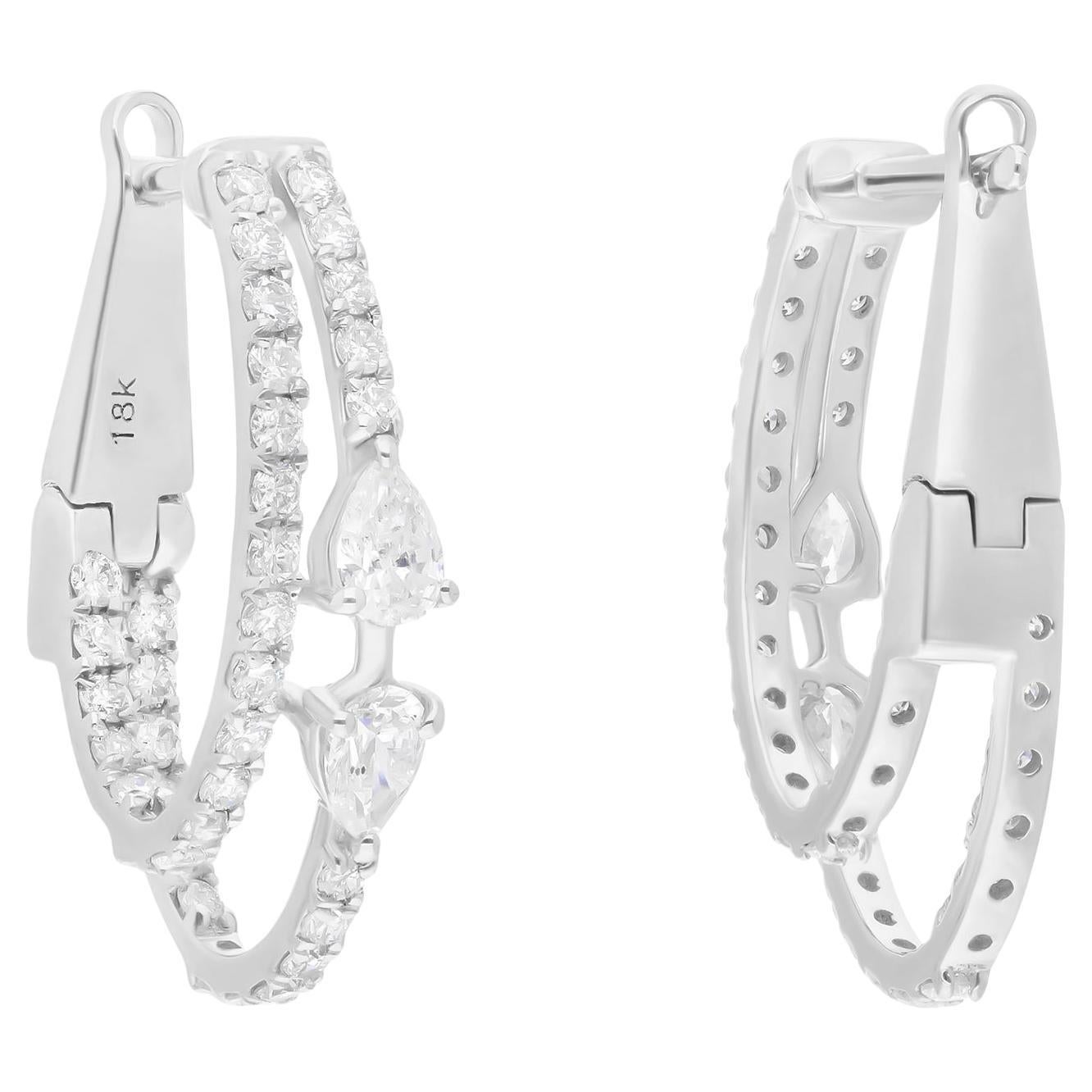 SI Reinheit HI Farbe Birnenförmige runde Diamant-Creolen-Ohrringe 14 Karat Weißgold Schmuck im Angebot