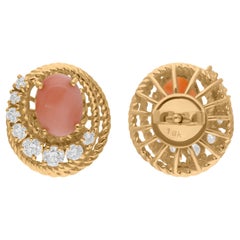 Pendientes de gema de coral SI/H Diamante talla brillante redondo Oro amarillo de 14 quilates