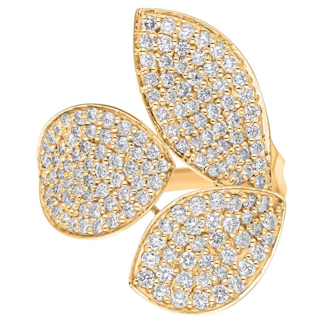 Real 1.55 Carat SI/H Round Brilliant Cut Diamond Leaf Ring 14 Karat Yellow Gold