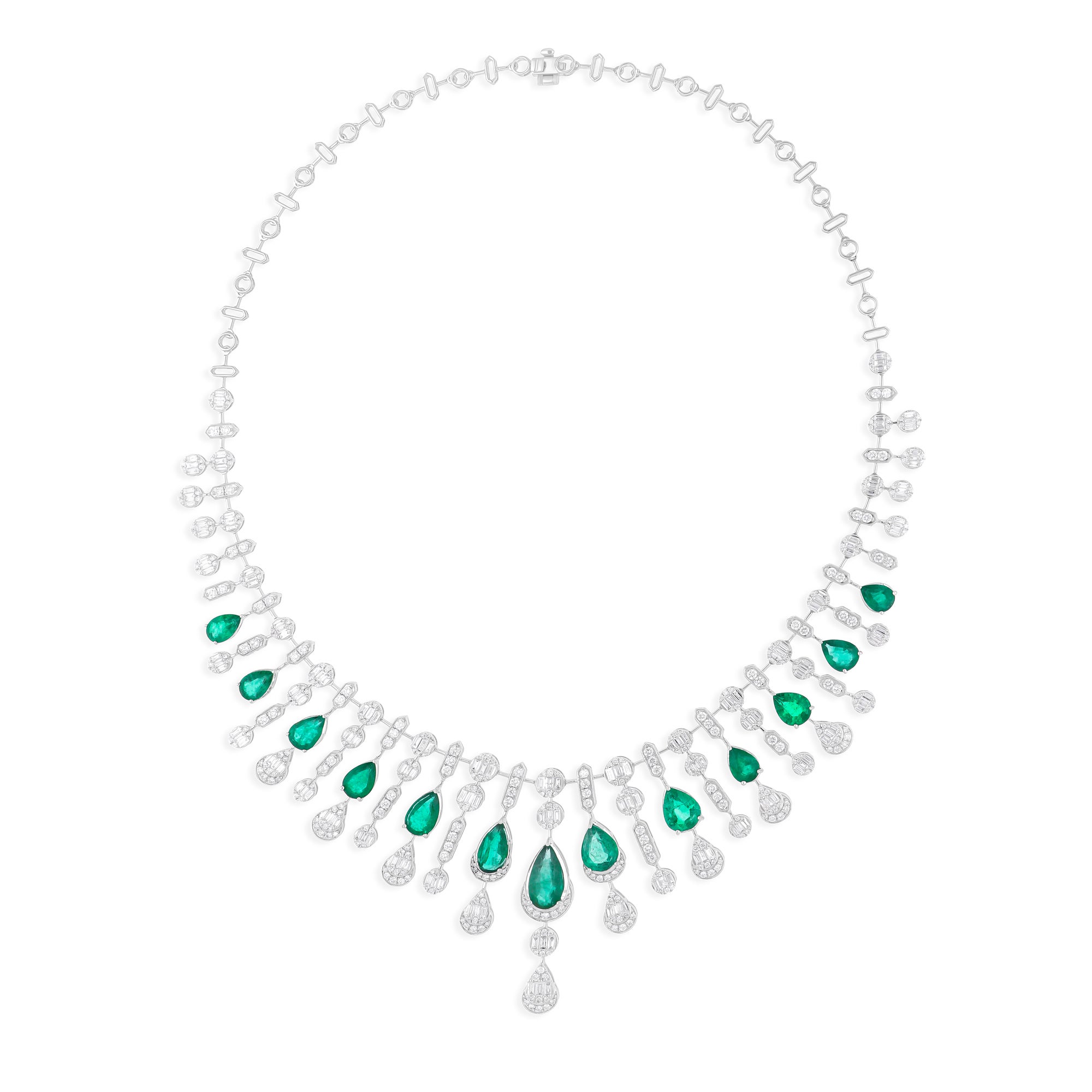 Birne Sambia Smaragd Edelstein Halskette SI/H Diamant 14 Karat Weißgold Schmuck