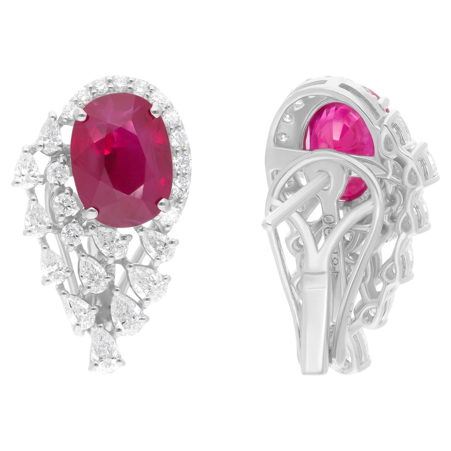 Ovale Rubin-Ohrringe SI/H Birnenförmiger runder Diamant im Brillantschliff 14 Karat Weißgold