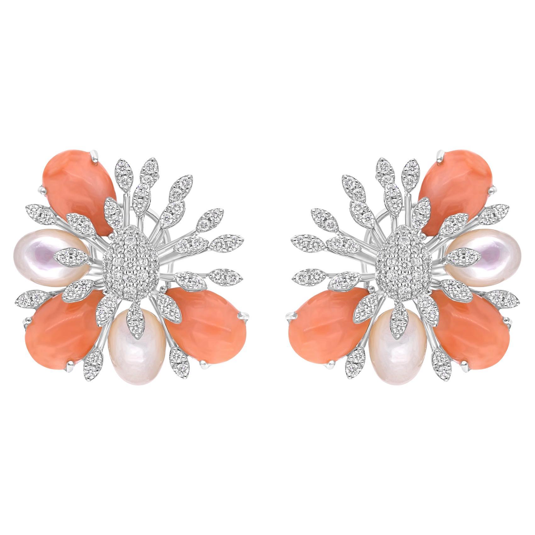 Coral Mother of Pearl Gemstone Earrings SI/H Diamond 18 Karat White Gold Jewelry For Sale