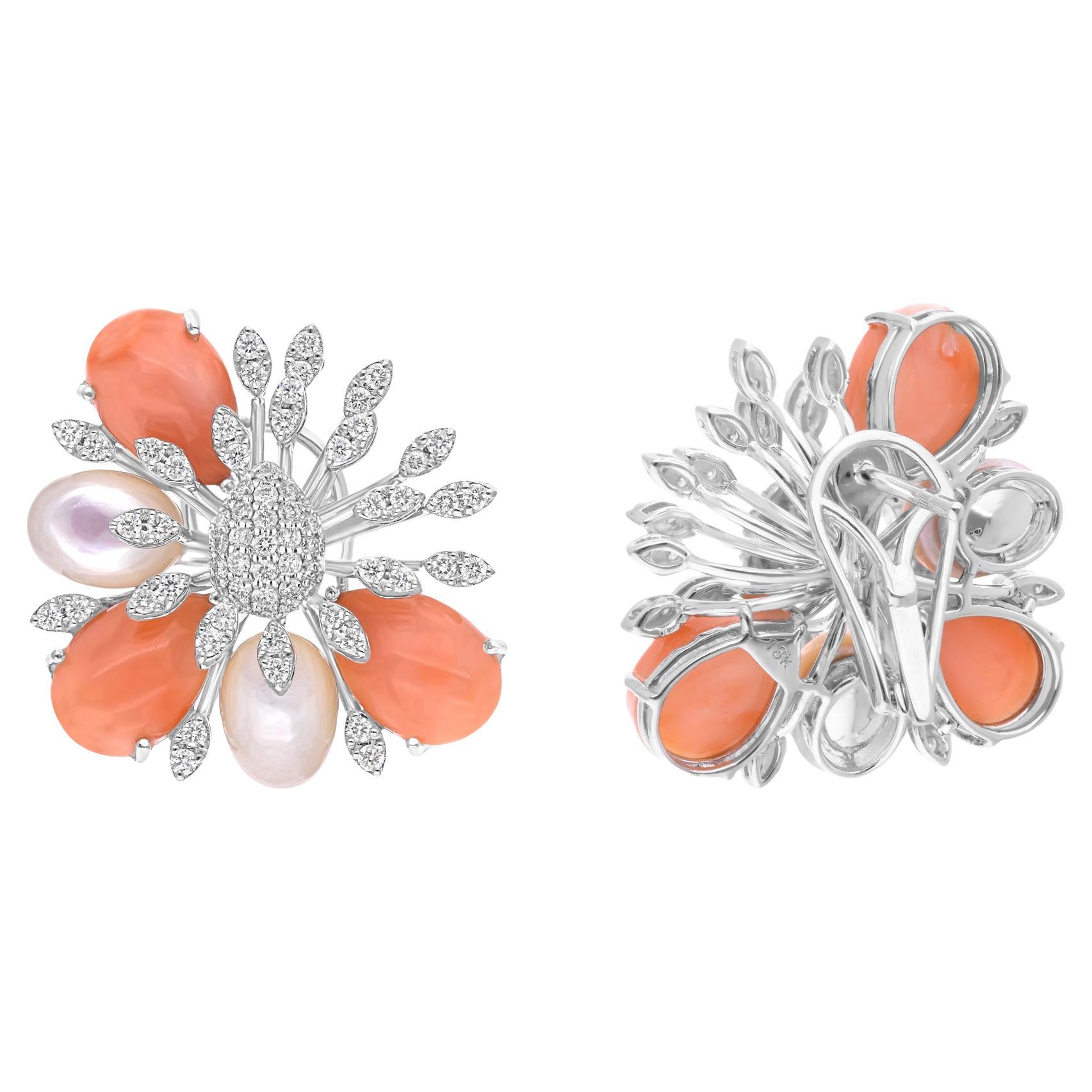 Koralle Perlmutt Edelstein-Ohrringe SI/H Diamant 14 Karat Weißgold Schmuck