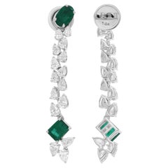 Zambian Emerald Dangle Earrings SI/H Pear Brilliant Cut Diamond 18k White Gold