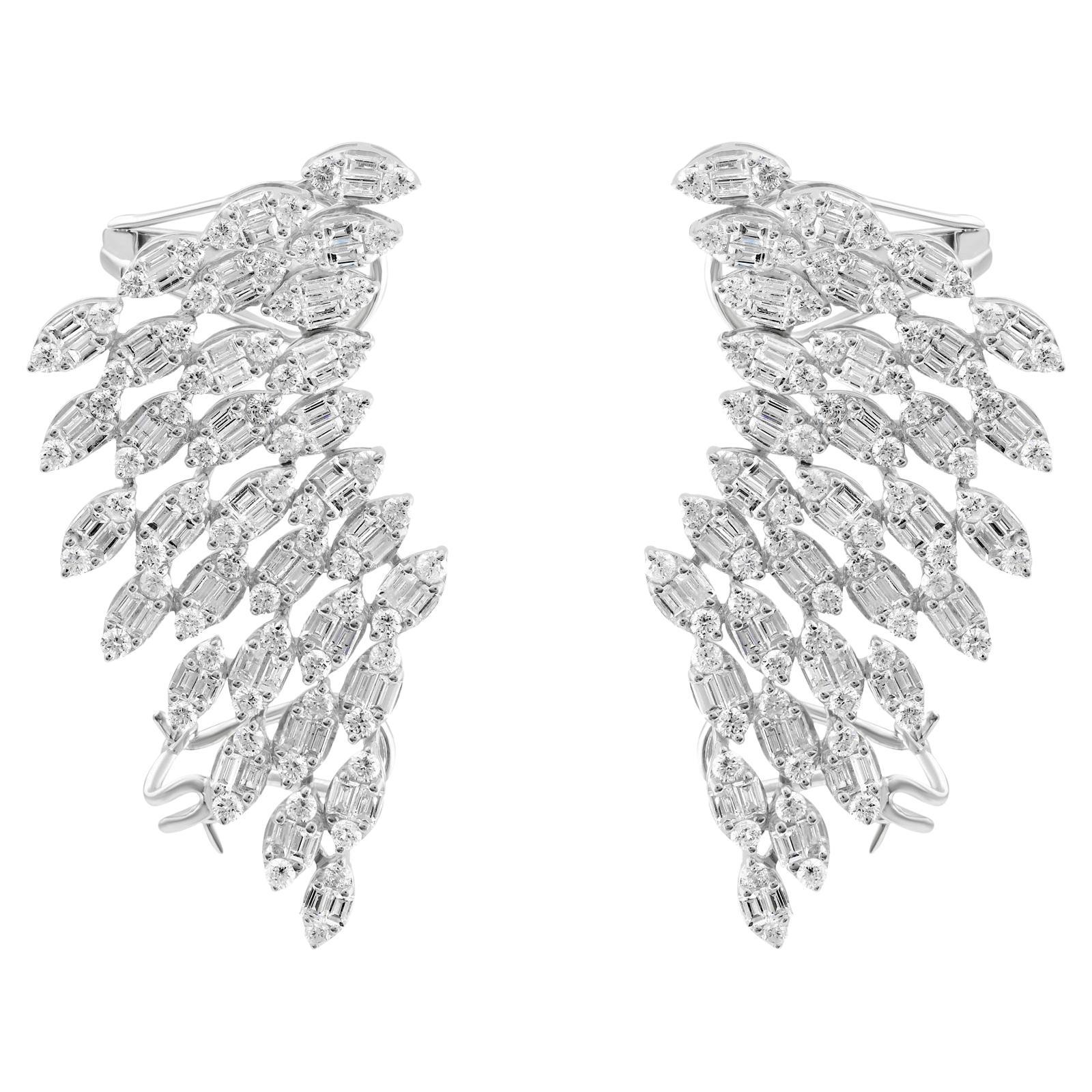 SI/H Baguette Round Brilliant Cut Diamond Angel Wing Earrings 18k White Gold For Sale