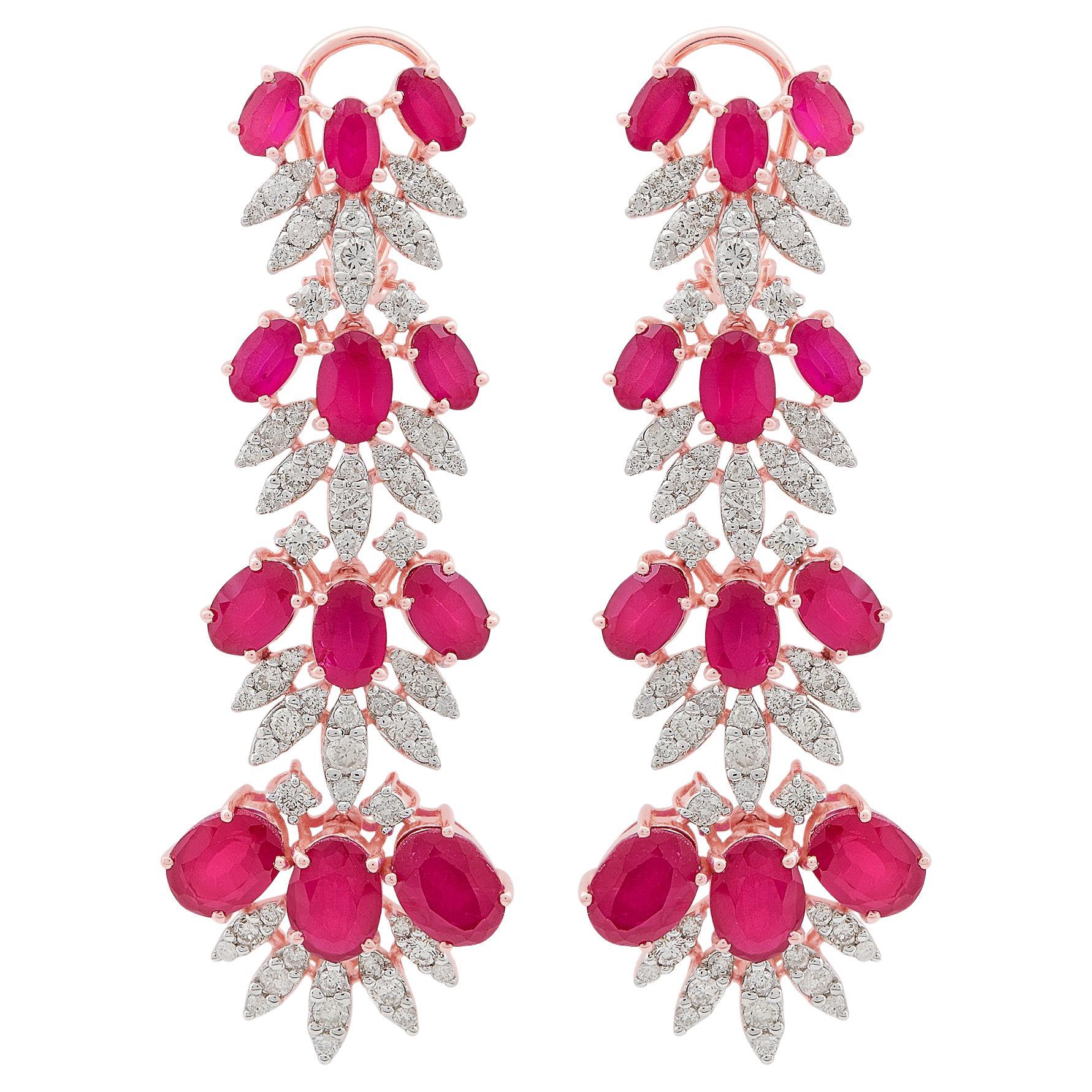 Pendientes Colgantes de Piedra Roja Procesada Diamante Oro Rosa de 14 Kilates Joyería Fina