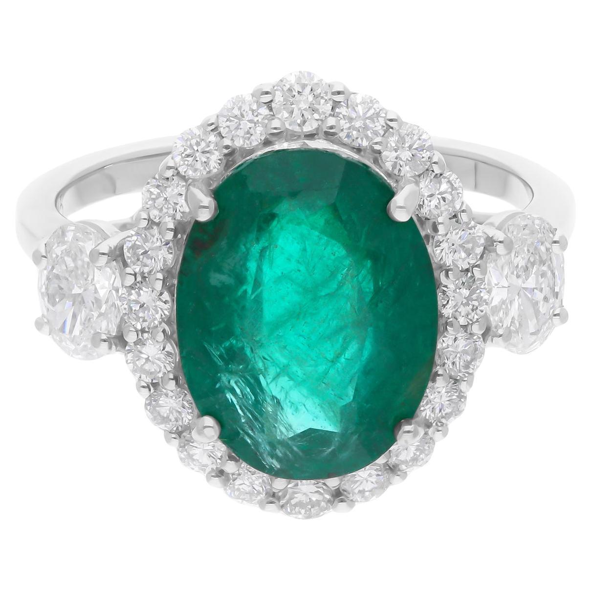 Zambian Emerald Gemstone Cocktail Ring SI/H Diamond 18 Karat White Gold Jewelry