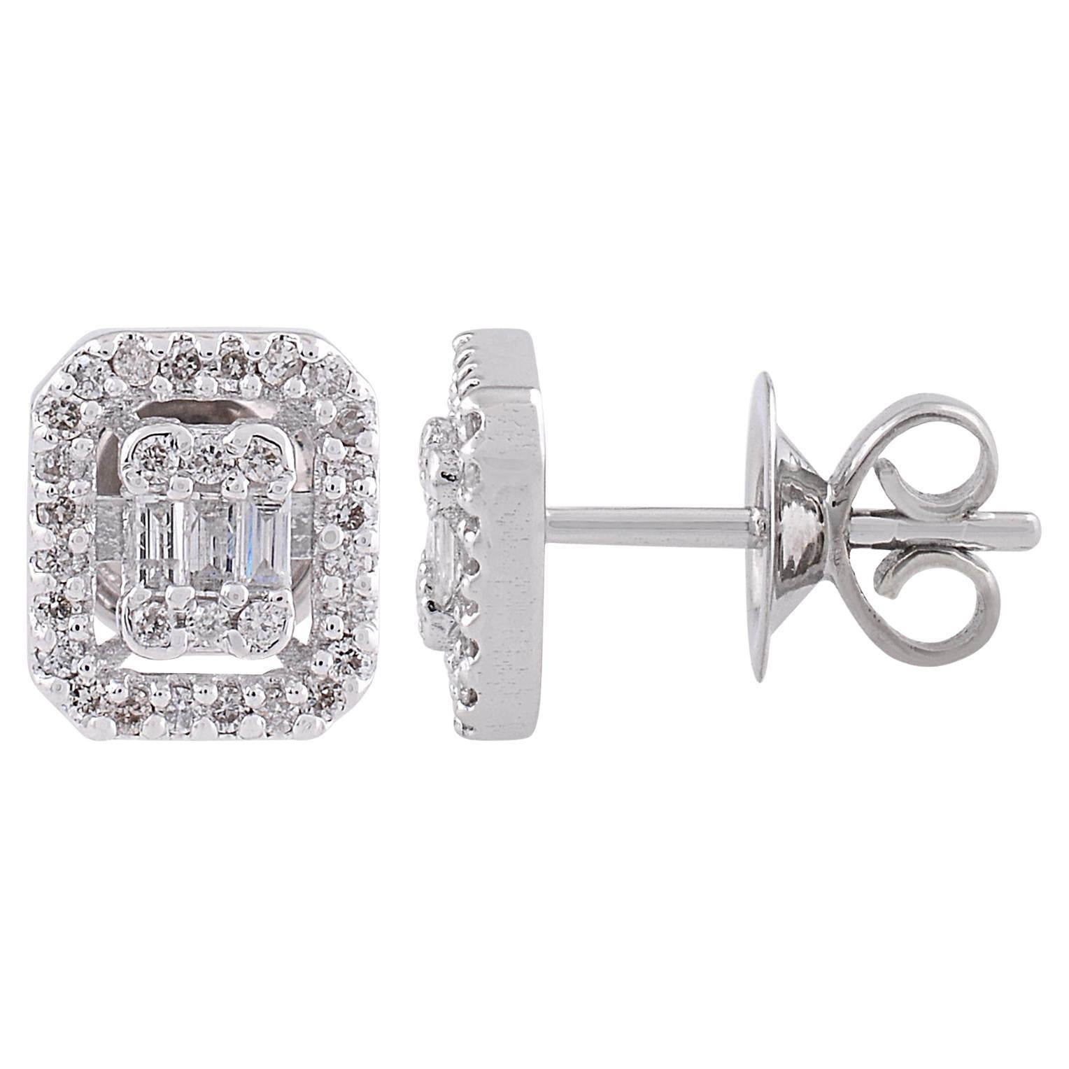 Handgefertigte Baguette- und runde Diamant-Ohrstecker aus 14 Karat Weißgold mit Diamanten