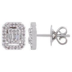 Handgefertigte Baguette- und runde Diamant-Ohrstecker aus 14 Karat Weißgold mit Diamanten