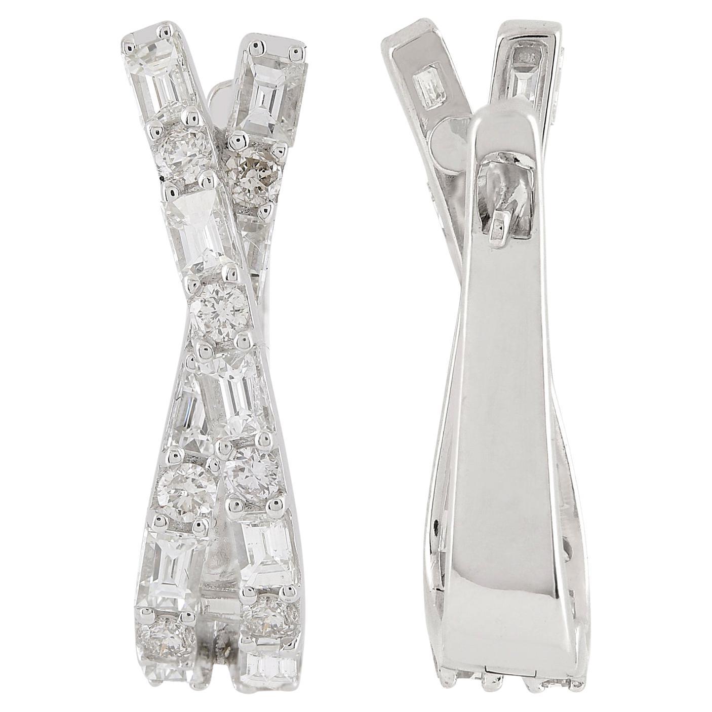 Orecchini a cerchio con diamanti da 1,58 carati taglio tondo Baguette SI/H Oro bianco 10 carati