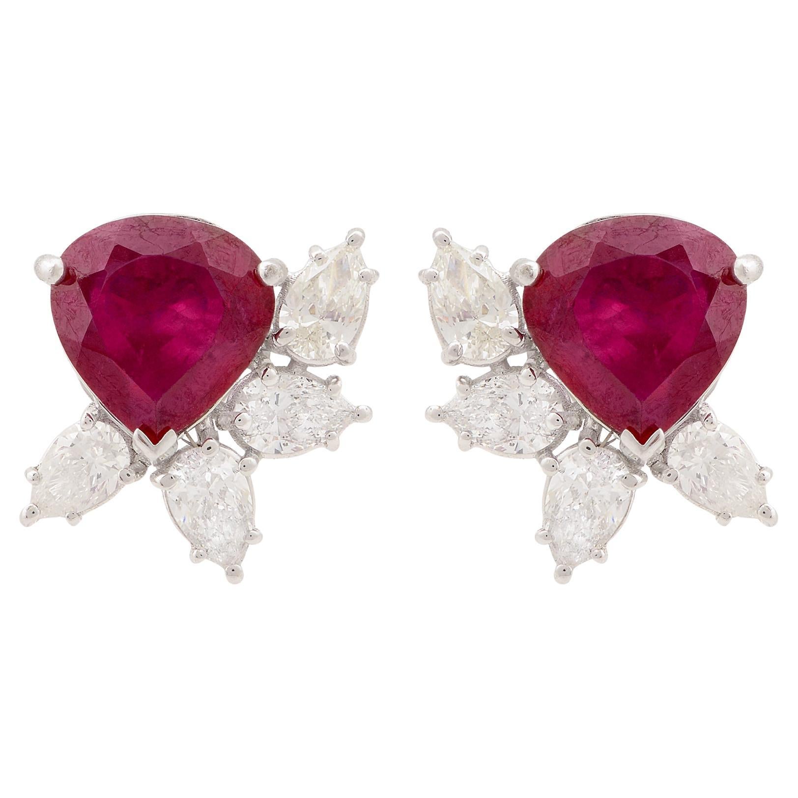 Ohrstecker mit birnenroten Edelsteinen SI/H Diamant 14k Weißgold Handgefertigter Schmuck