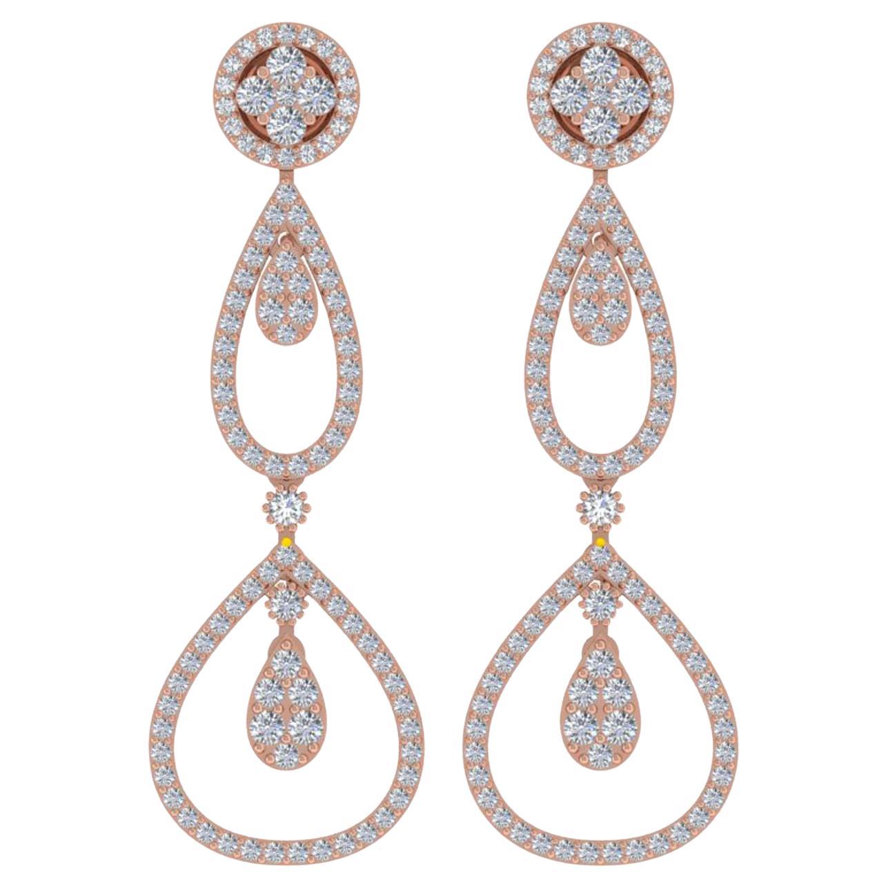 2.20 Carat SI/H Round Brilliant Cut Diamond Dangle Earrings 18 Karat Rose Gold