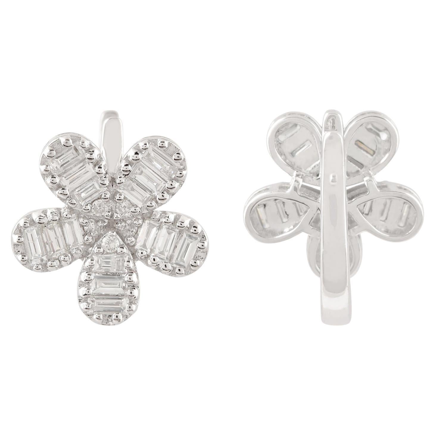 1.01 Carat Baguette Diamond Flower Stud Earrings Solid 18k White Gold Jewelry For Sale