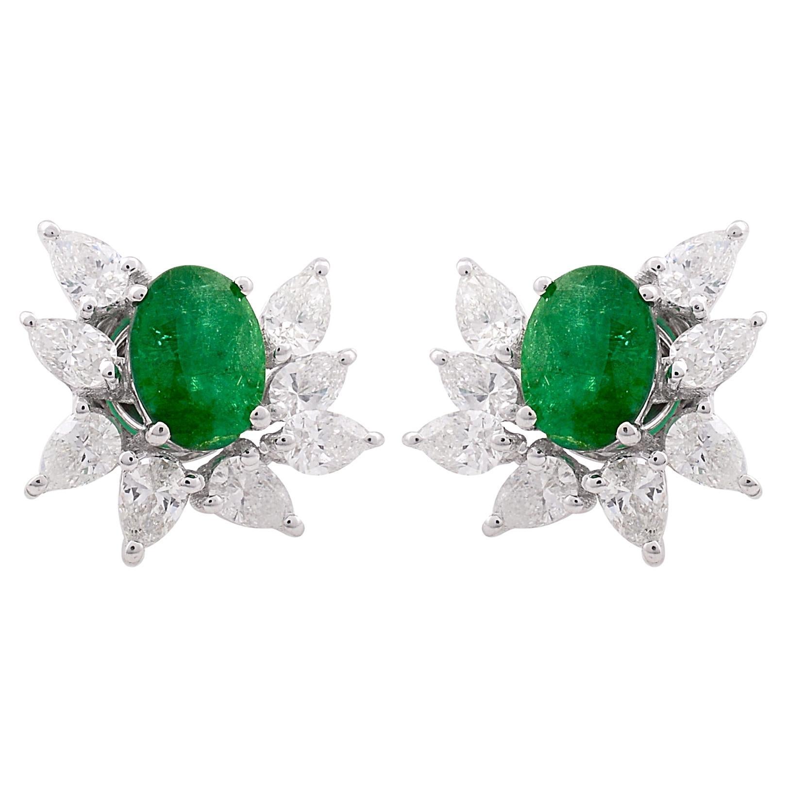 Oval Natural Emerald Stud Earrings Pear Diamond Solid 18k White Gold Jewelry