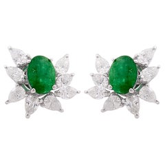 Oval Natural Emerald Stud Earrings Pear Diamond Solid 18k White Gold Jewelry