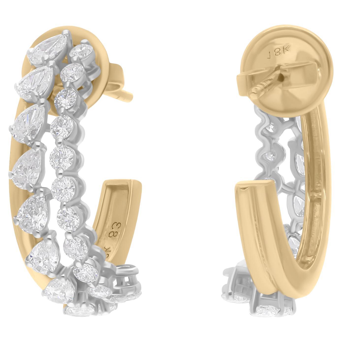 Orecchini a cerchio con diamanti tondi e pera da 1,88 carati reali SI/H Oro giallo bianco 18 carati