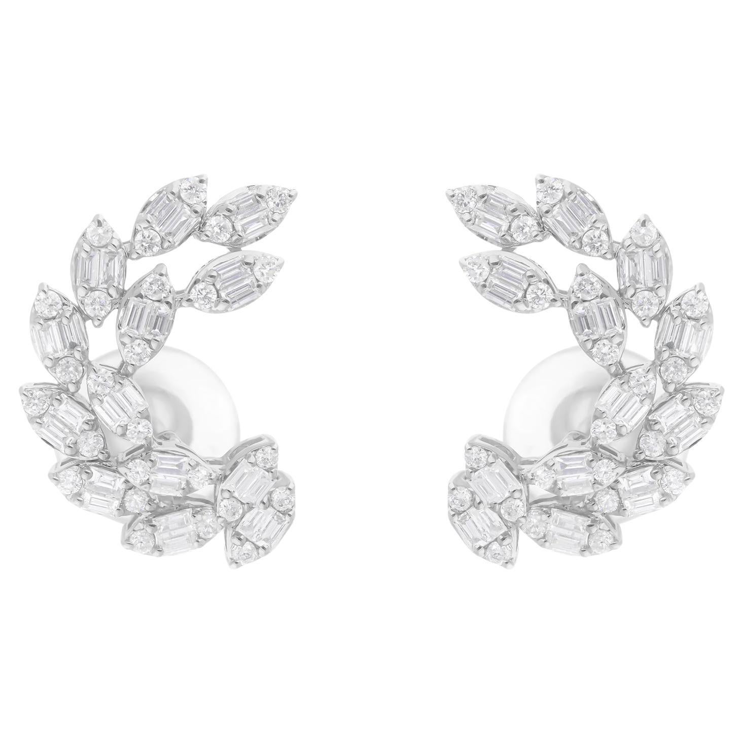 Pendientes de diamantes baguette redondos SI/H de 1,21 quilates Joyas de oro blanco de 18 quilates en venta