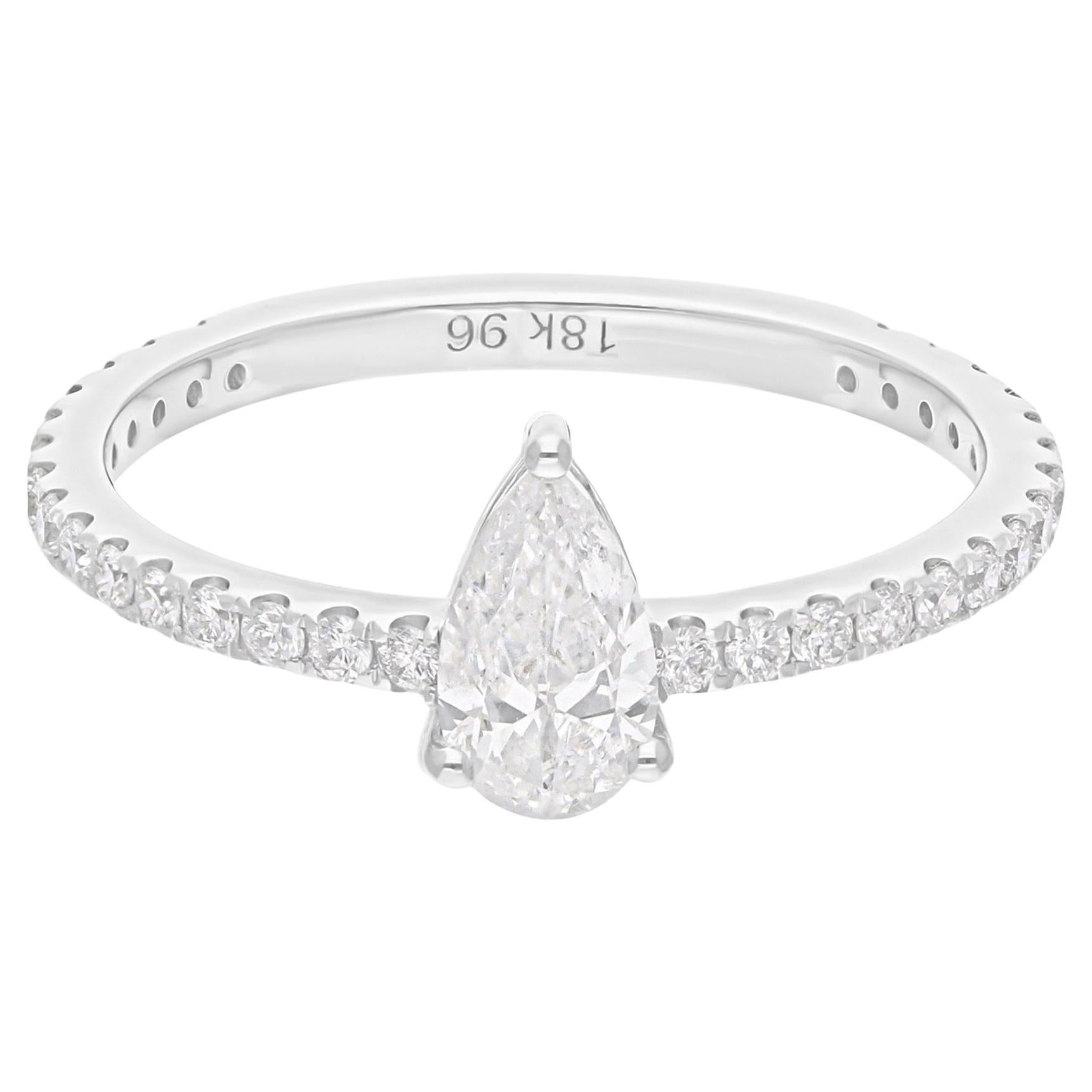 Real 0.87 Carat SI/H Pear Round Brilliant Cut Diamond Ring 14 Karat White Gold