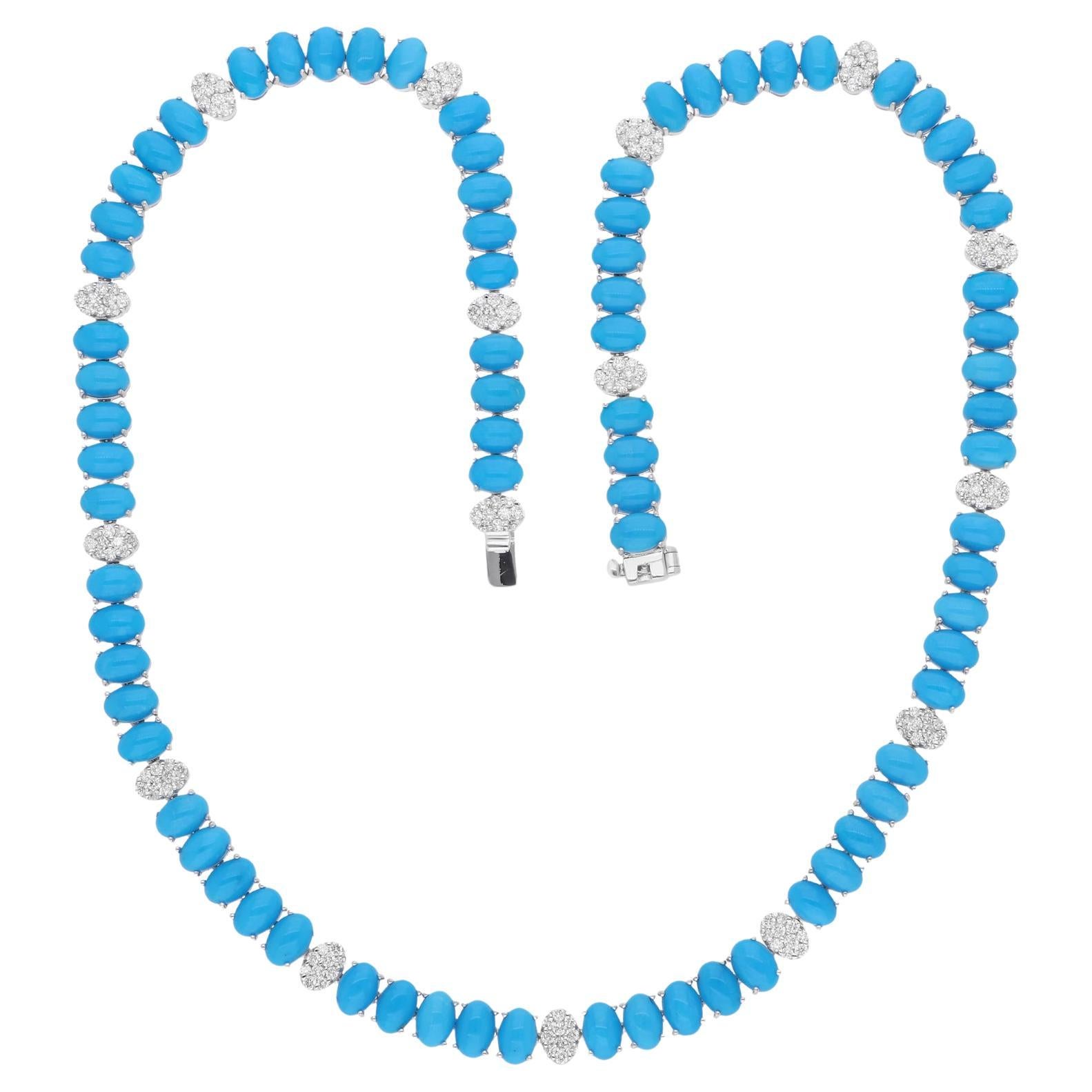 Turchese ovale naturale da 31,61 carati 1,8 carati SI/H Diamante 14k Catena in oro bianco