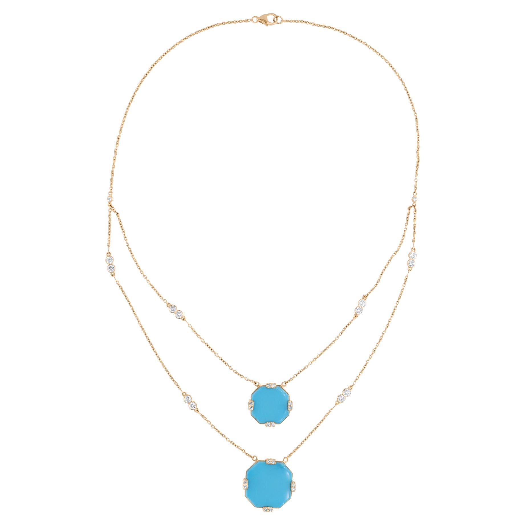 Naturtürkis-Edelstein-Halskette SI/H Diamant 14 Karat Gelbgold-Schmuck